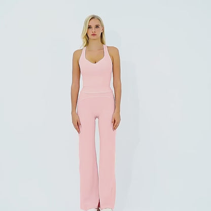 Womens Yoga Set V-neck Sleeveless Tops And Slim Straight Pants Summer Gym Sports Clothing